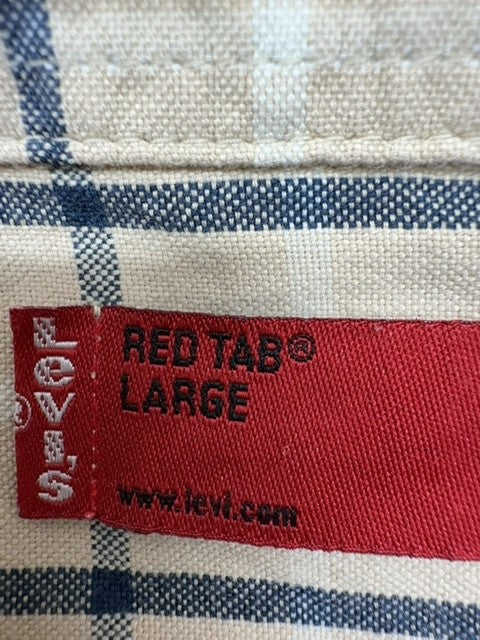 Levi's Men's Large Short Sleeve Plaid Cotton Button-Down Shirt Beige Navy
