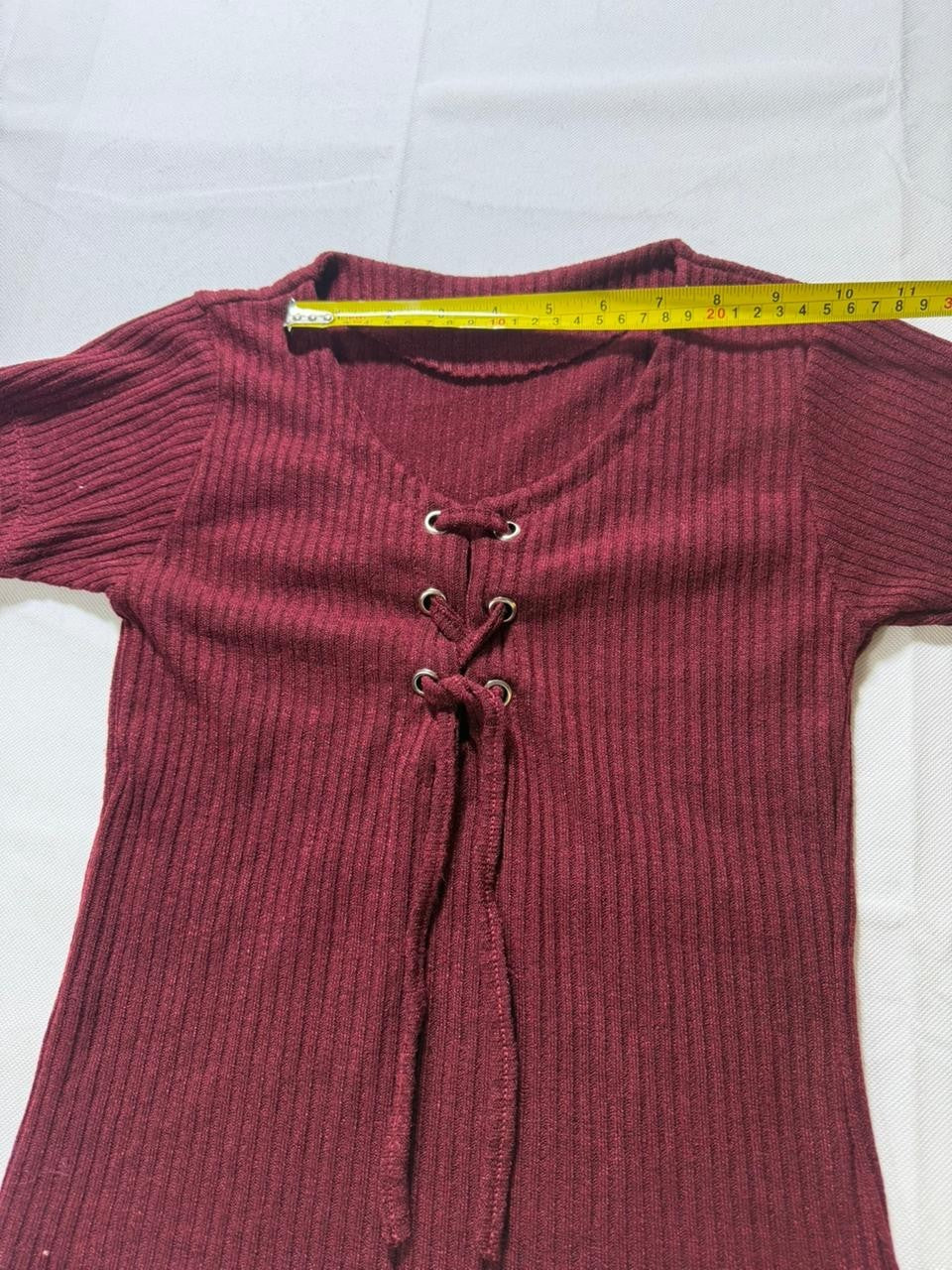 Women's Burgundy Ribbed Short Sleeve Top Lace Up Front Knit Tee | S
