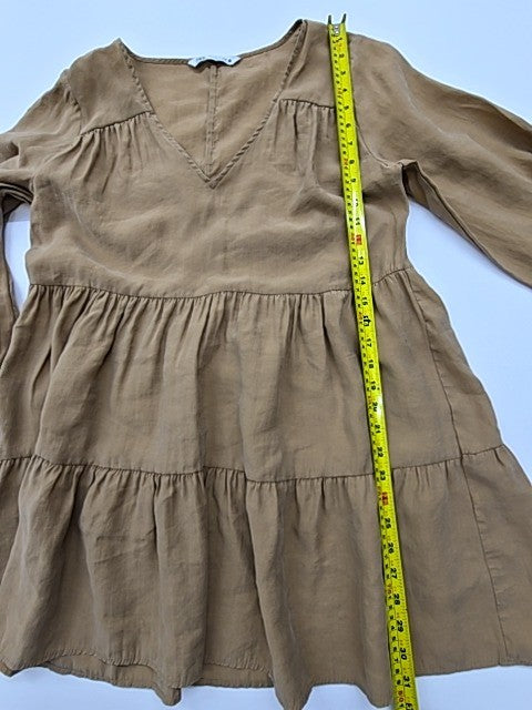 Zara Khaki V-Neck Puffed Sleeve Tiered Knee Dress M