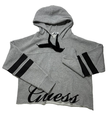 Guess Women's Grey Cropped Hoodie Size S Logo Front, Striped Sleeves