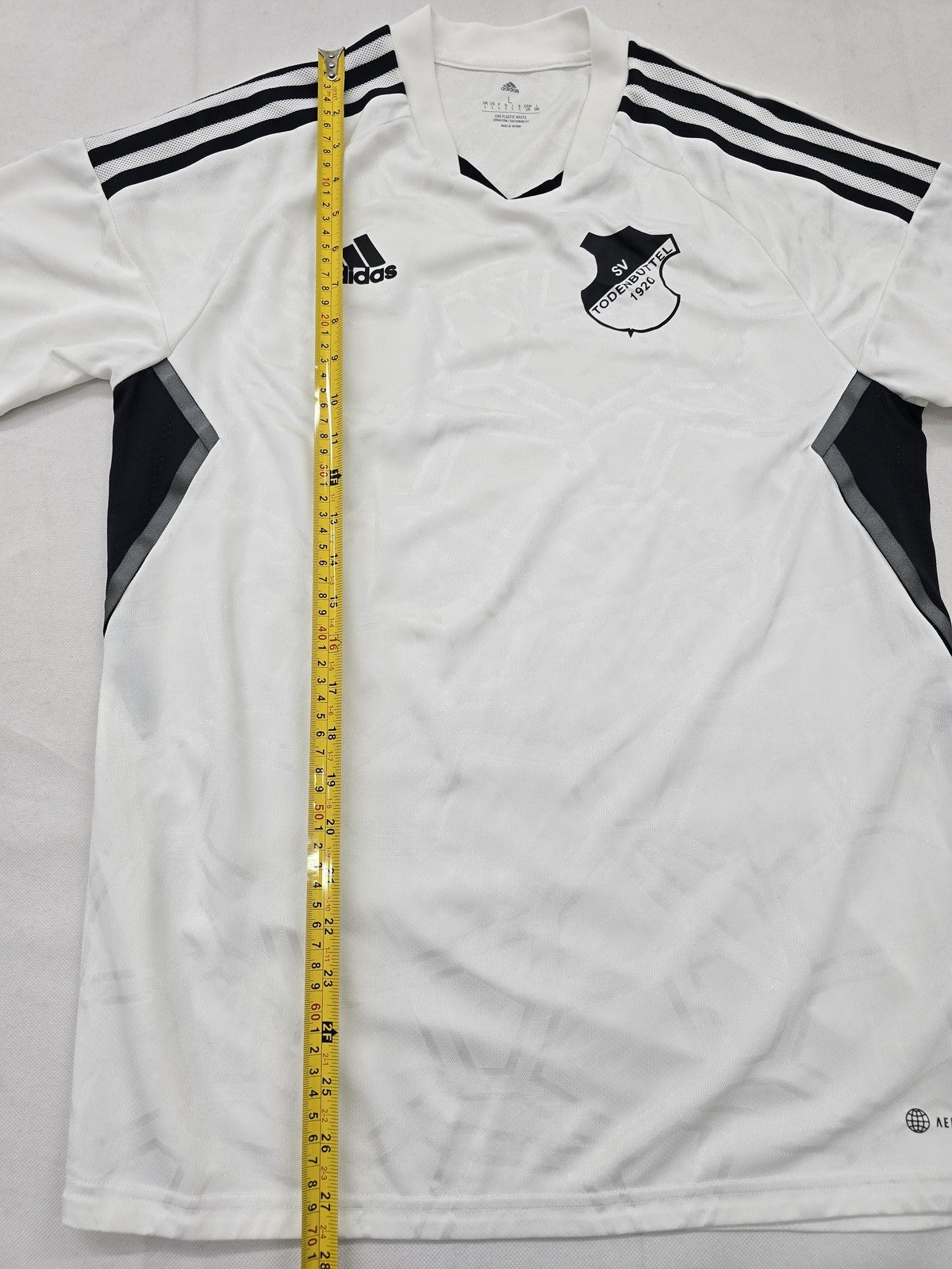 Adidas Men's White Striped Soccer Jersey L V-Neck Short Sleeve