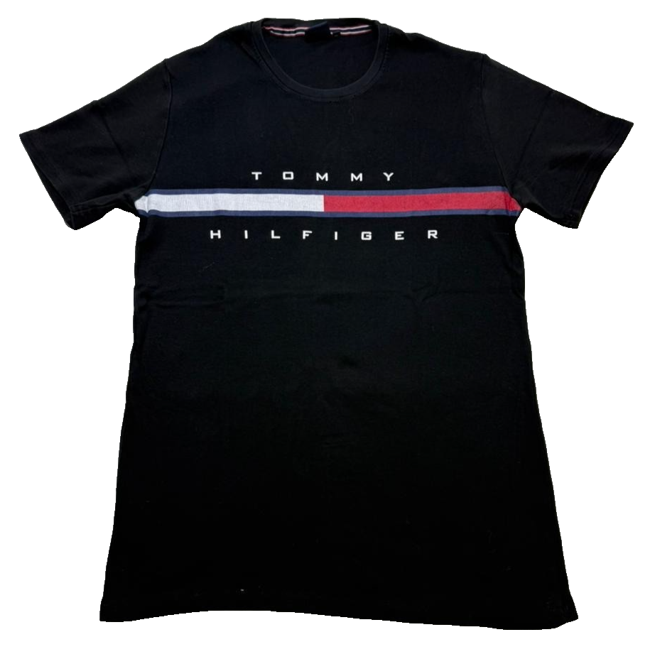 Tommy Hilfiger Men's Black Tee Flag Stripe Logo Short Sleeve Size XL