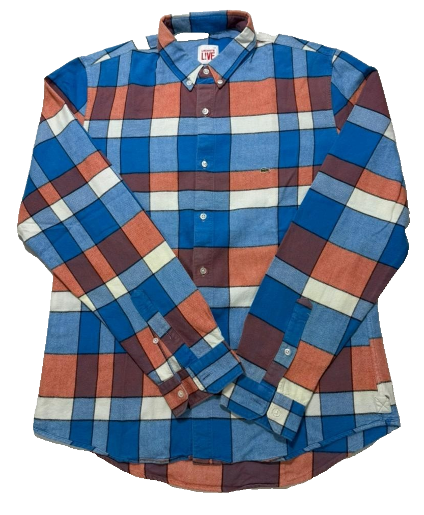 Lacoste Live Men's Long Sleeve Button Down Shirt Plaid Check Blue Orange White