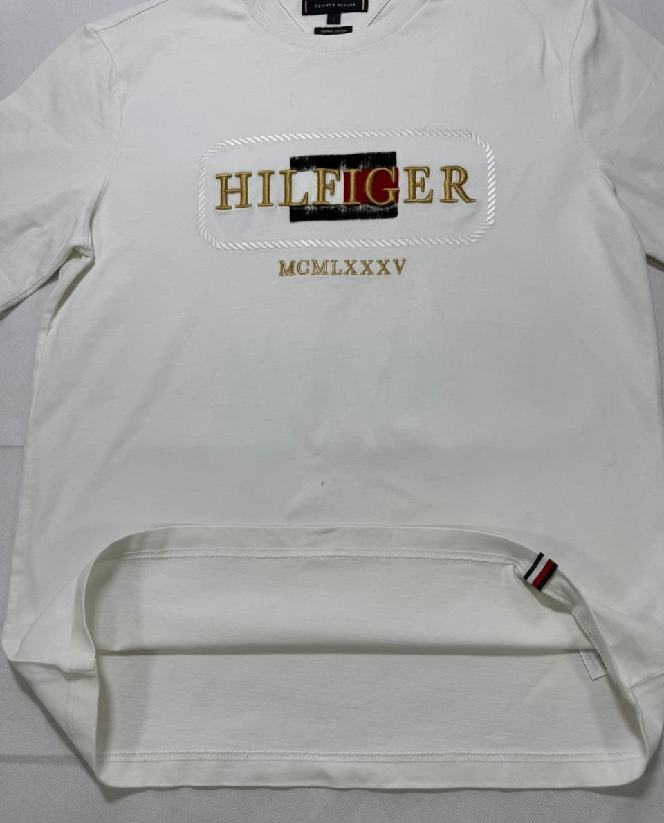 Tommy Hilfiger Men's White T-Shirt Size L Embroidered Logo Mcmlxxxv Casual Tee