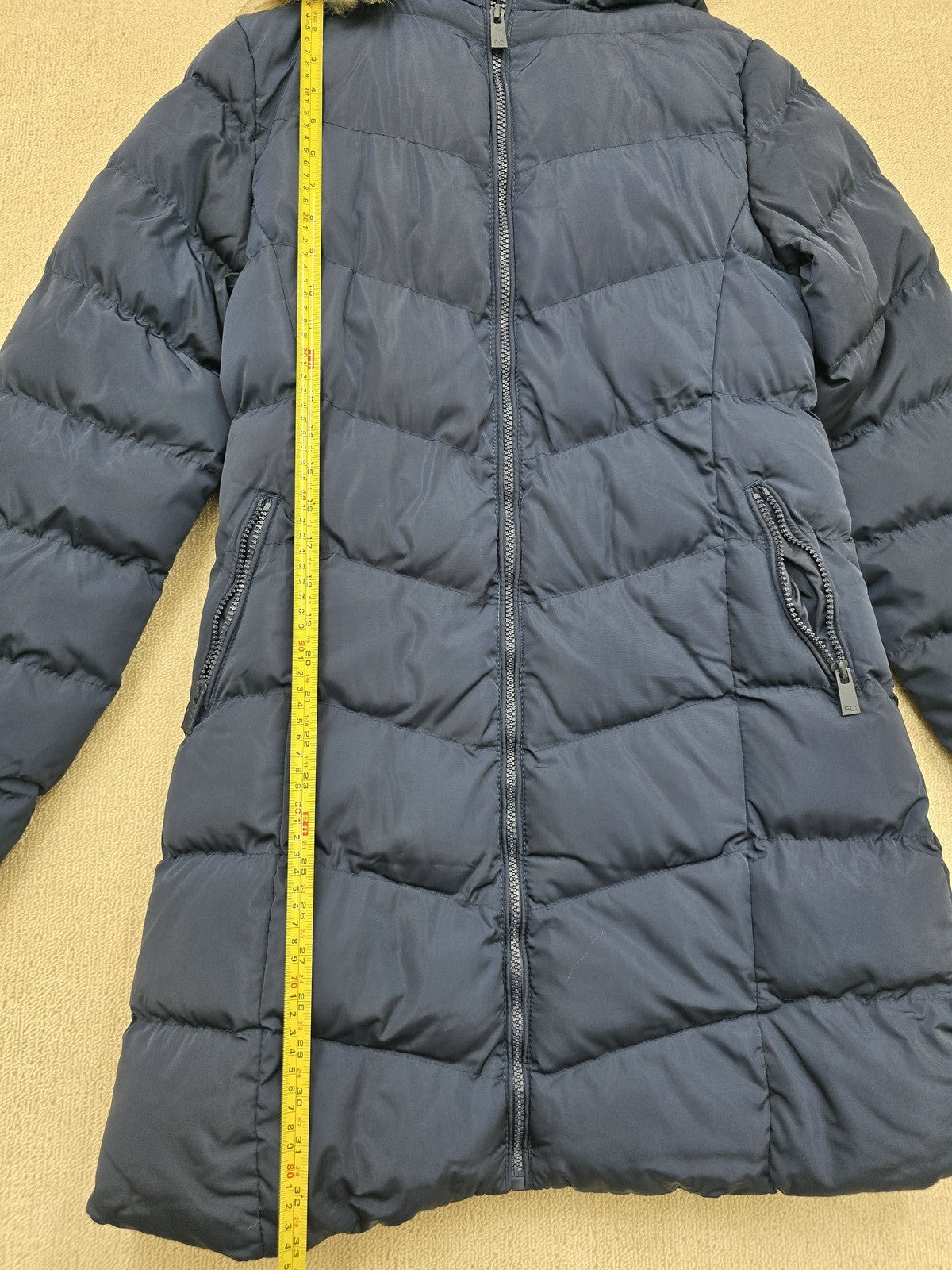 French Connection Women's Navy Puffer Jacket XS Fur Hood Long