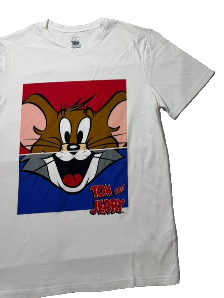 Tezenis White Tom & Jerry Graphic Tee, Crew Neck Short Sleeve - Size M