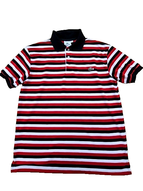 Lacoste XL Short Sleeve Striped Polo Shirt Red Black White Button Men