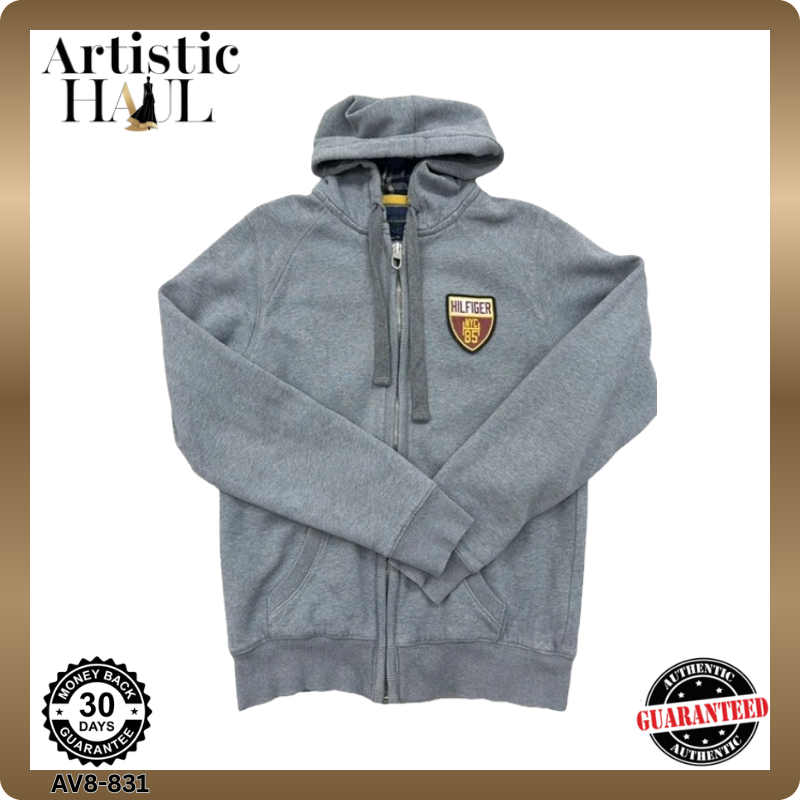 Tommy Hilfiger Grey Zip Hoodie S Vintage Fit Embroidered Patch Cotton Poly