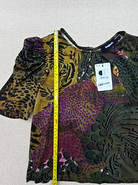 Desigual Women's L Leopard Print Puffed Sleeve Blouse Multicolor