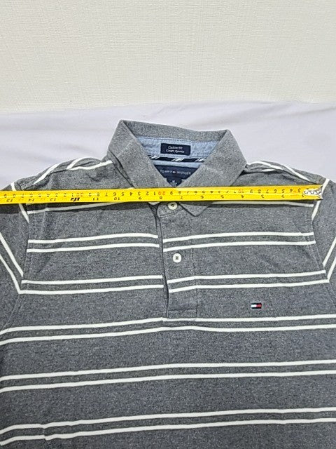 Tommy Hilfiger Men's Gray Striped Polo Shirt Size M Custom Fit Cotton