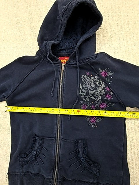 Hard Rock Cafe Unisex Navy Floral Skull Zipper Hoodie XL Cotton