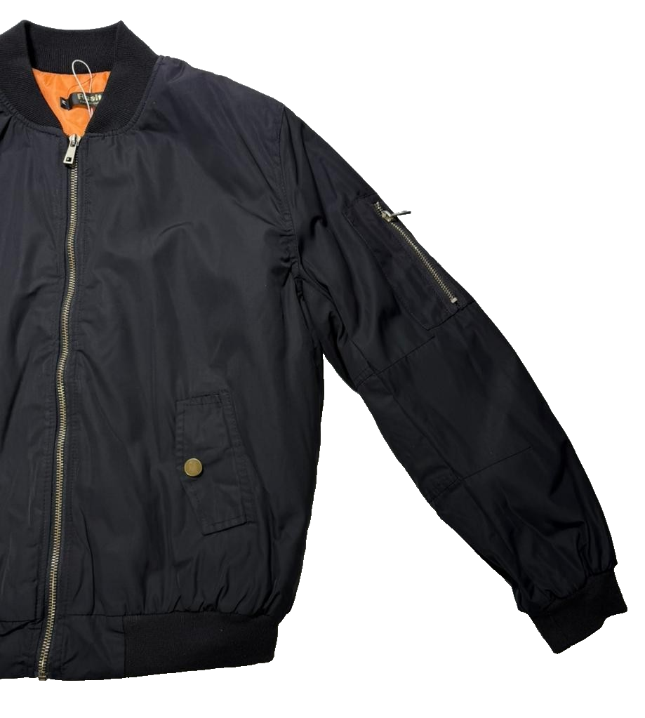 Classic Black Bomber Jacket Orange Lining Full Zip Pockets - Size M