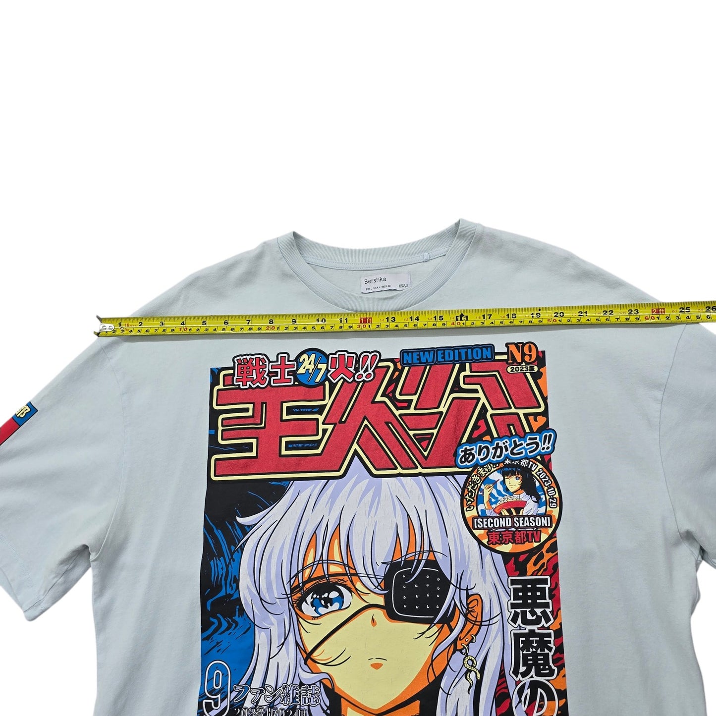 Bershka Men's Light Blue Anime Graphic T-Shirt Size L