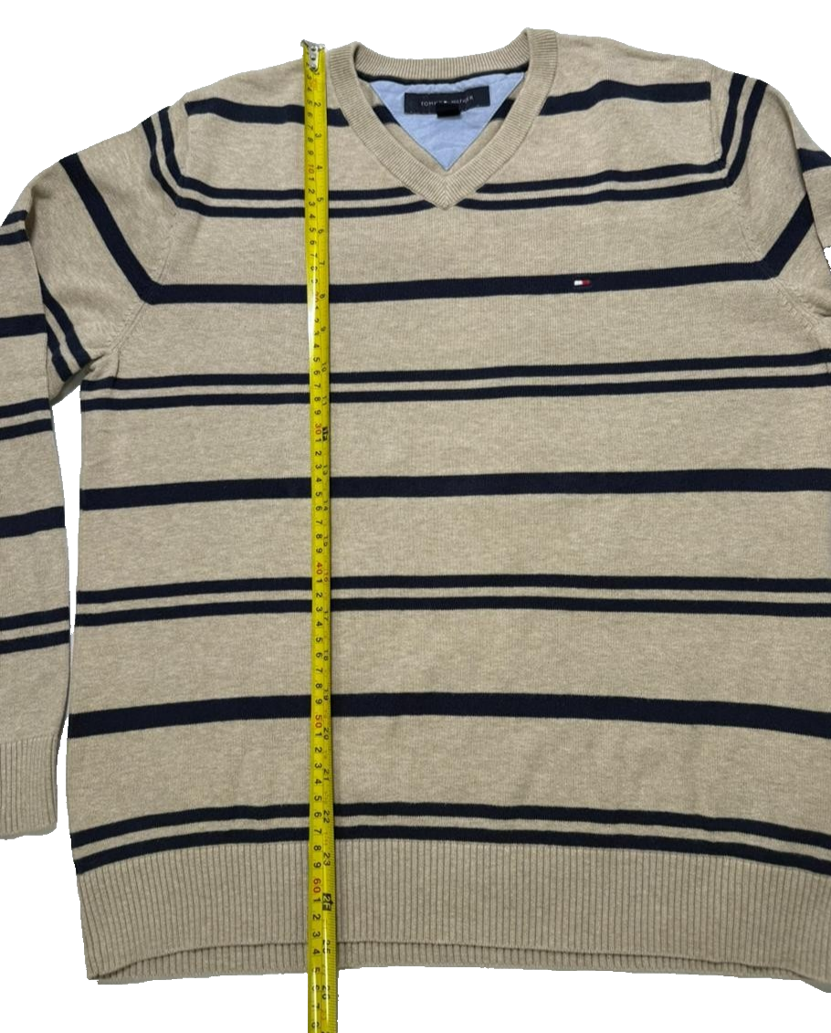 Tommy Hilfiger Men's Cotton V-Neck Sweater In A Beige And Navy Blue Stripes