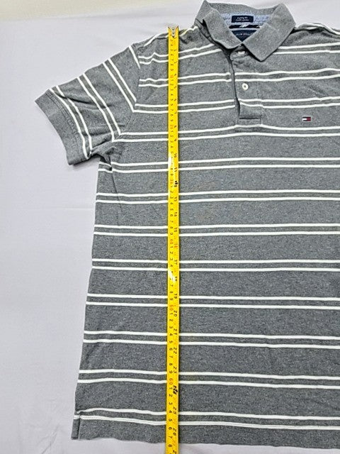 Tommy Hilfiger Men's Gray Striped Polo Shirt Size M Custom Fit Cotton