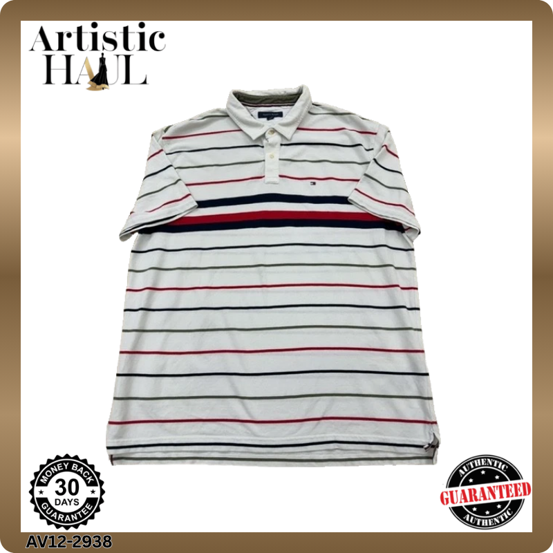 Tommy Hilfiger Men's Striped Polo Shirt Size M Flag Embroidery White/Navy
