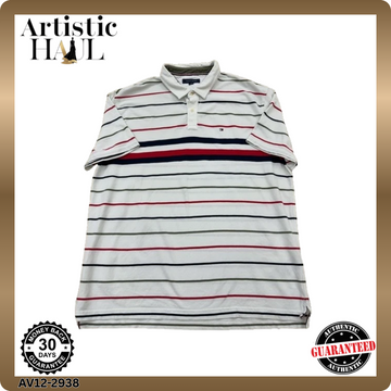 Tommy Hilfiger Men's Striped Polo Shirt Size M Flag Embroidery White/Navy