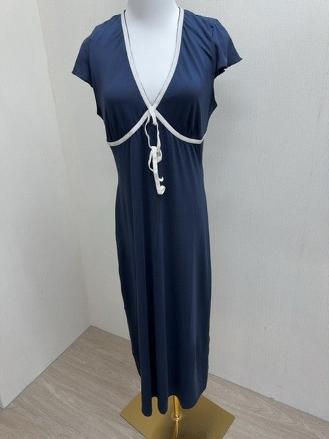 Area Stars Navy V-Neck Midi Dress L Side Tie Women Short Sleeve