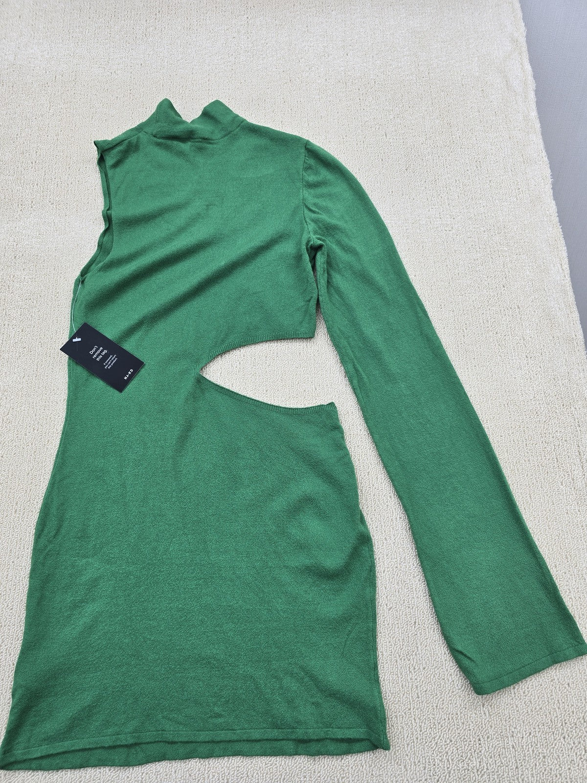 NA-KD Green Mini Turtleneck Dress L Long Bell Sleeve Cut Out Knit