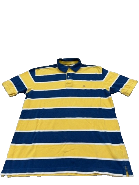 Tommy Hilfiger Men's Navy Yellow Striped Polo Shirt Size L Cotton