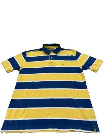 Tommy Hilfiger Men's Navy Yellow Striped Polo Shirt Size L Cotton