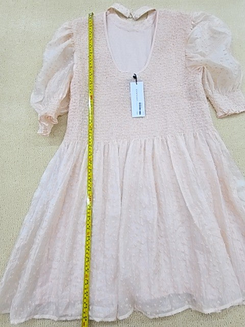 Women's Pink Smocked Chiffon Puff Sleeve Dress UK 12
