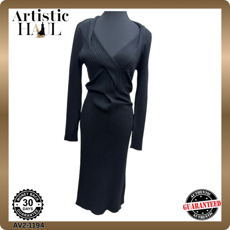 DKNY Black Long Sleeve Shift Midi Dress L Ribbed Knit V-Neck
