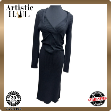 DKNY Black Long Sleeve Shift Midi Dress L Ribbed Knit V-Neck