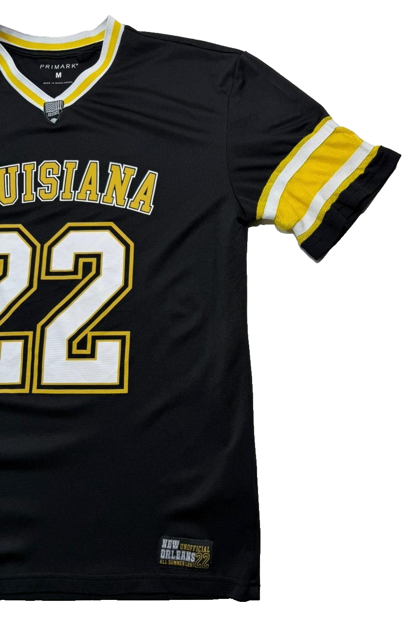 Primark Men's Black Louisiana 22 Soccer Jersey Yellow White Stripes V-Neck S/M