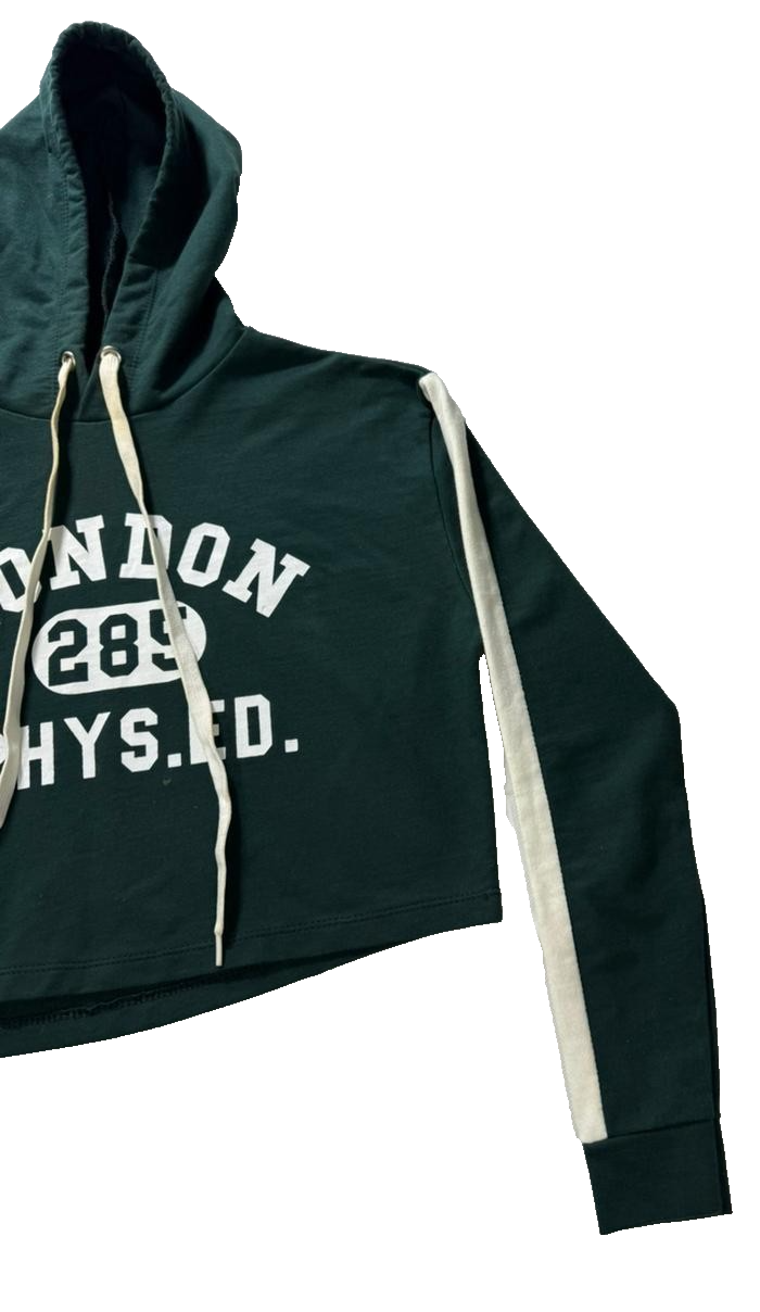 Vintage Style London 289 Phys. Ed. Green Cropped Hoodie Sweatshirt Women's