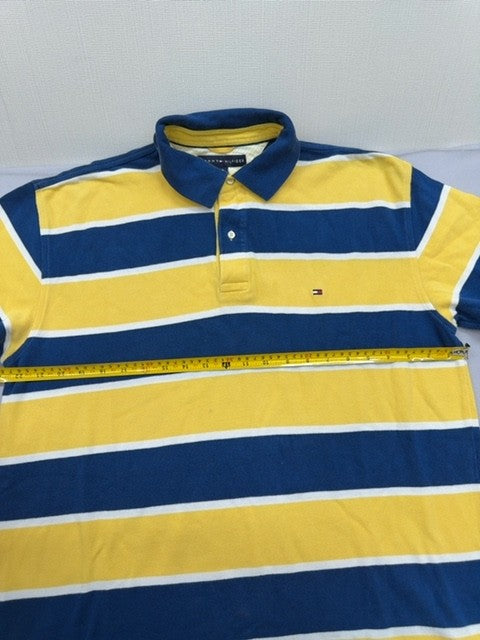 Tommy Hilfiger Men's Navy Yellow Striped Polo Shirt Size L Cotton