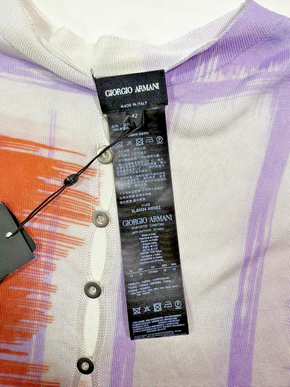 BNWT Giorgio Armani Orange Purple Grid Print Jersey Button V-Neck - Size 42