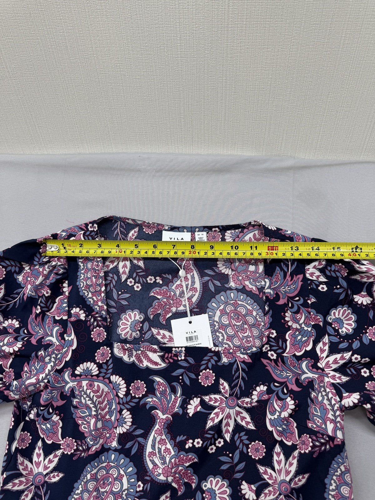 Vila Puff Sleeve Floral Paisley Top EU 36 Navy Pink White Blue Print