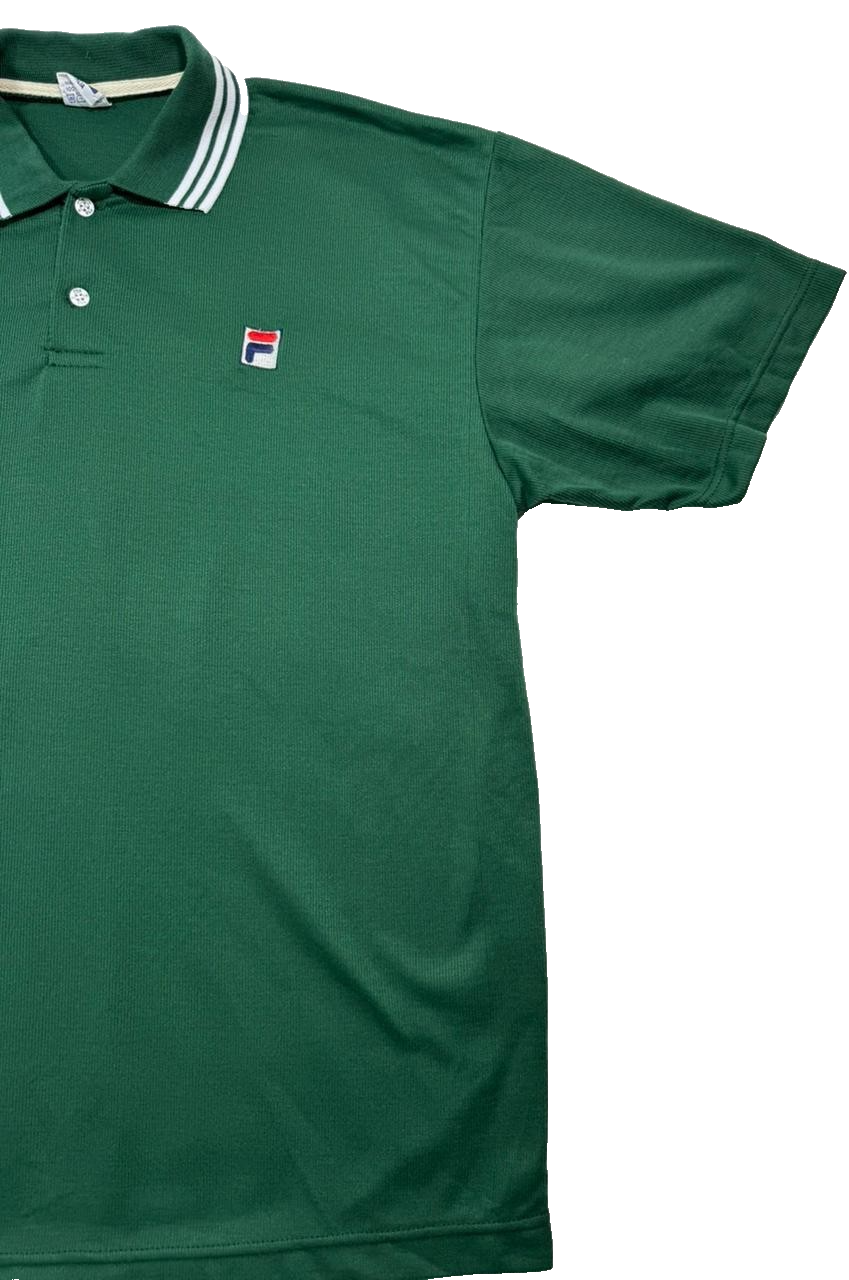 Fila Green Cotton Polo Shirt With White And Navy Striped Collar - Size L