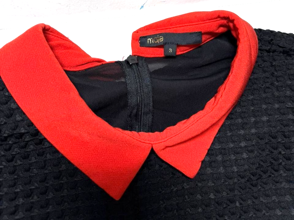 Maje Black Textured Knit Dress With Red Collar Short Sleeve Fit & Flare - Size 3