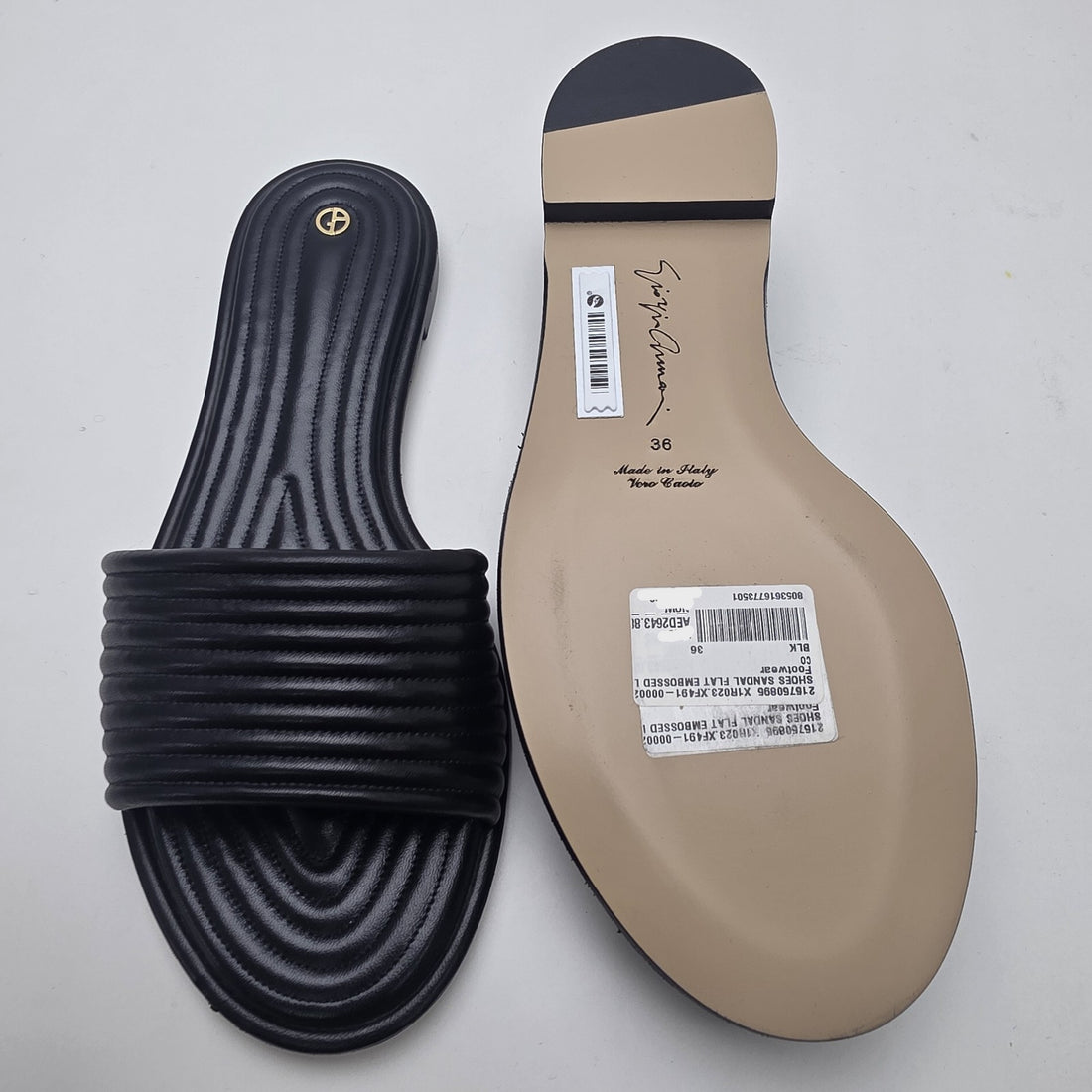 Giorgio Armani Black Embossed Leather Flat Sandals Size 36 BNWT