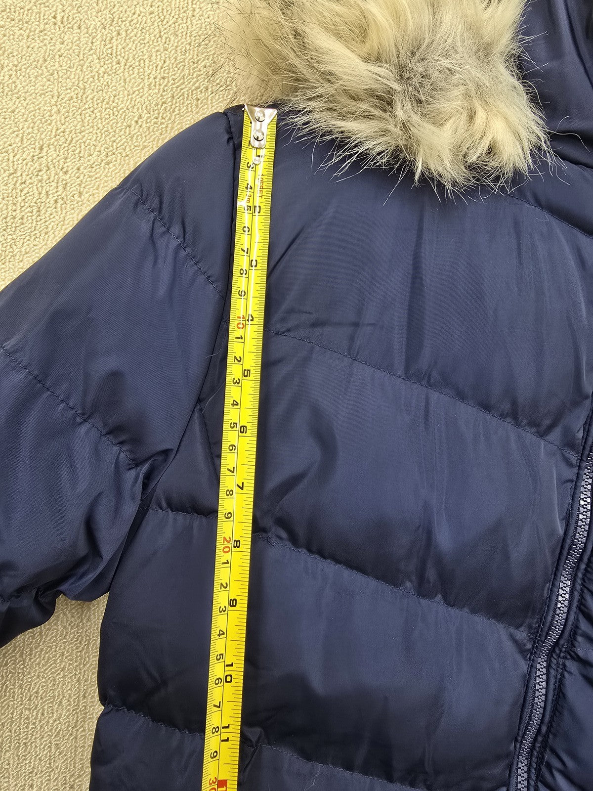 French Connection Women's Navy Puffer Jacket L Longline Faux Fur Hood
