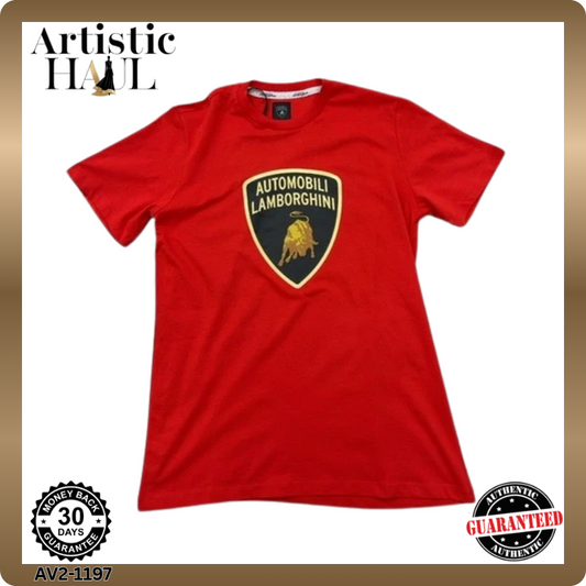 Lamborghini Men's Red T-Shirt – Size M, Logo, Short Sleeve