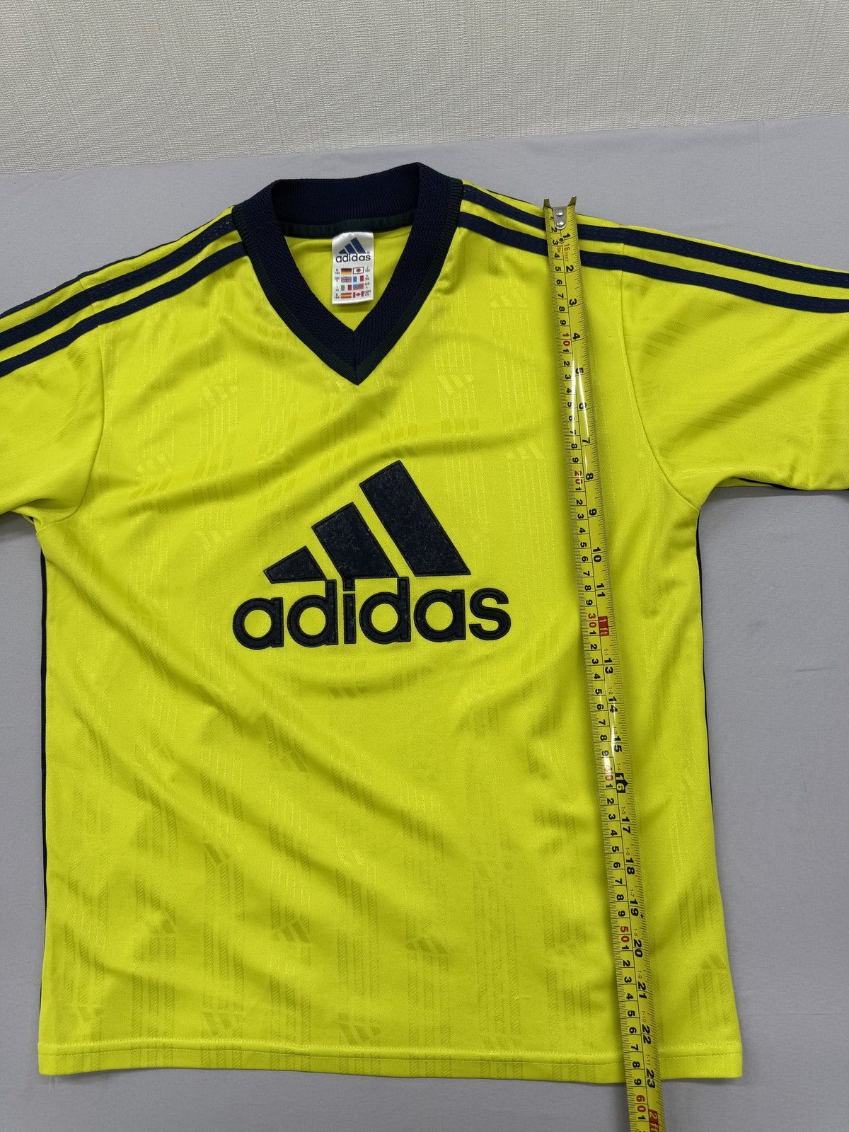 Adidas Yellow Stripe Soccer Jersey L Short Sleeve V-Neck 3-Stripes
