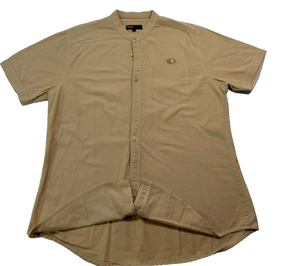 Diesel Tan Khaki Short Sleeve Shirt Mandarin Band Collar Casual Size L