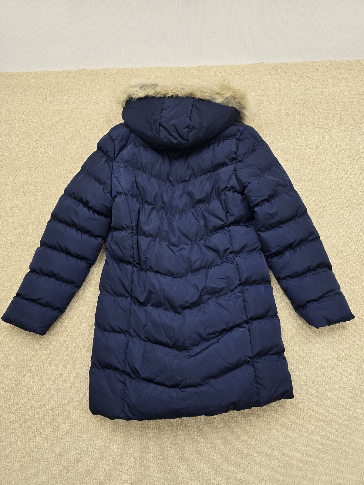 French Connection Women's Navy Puffer Jacket L Longline Faux Fur Hood