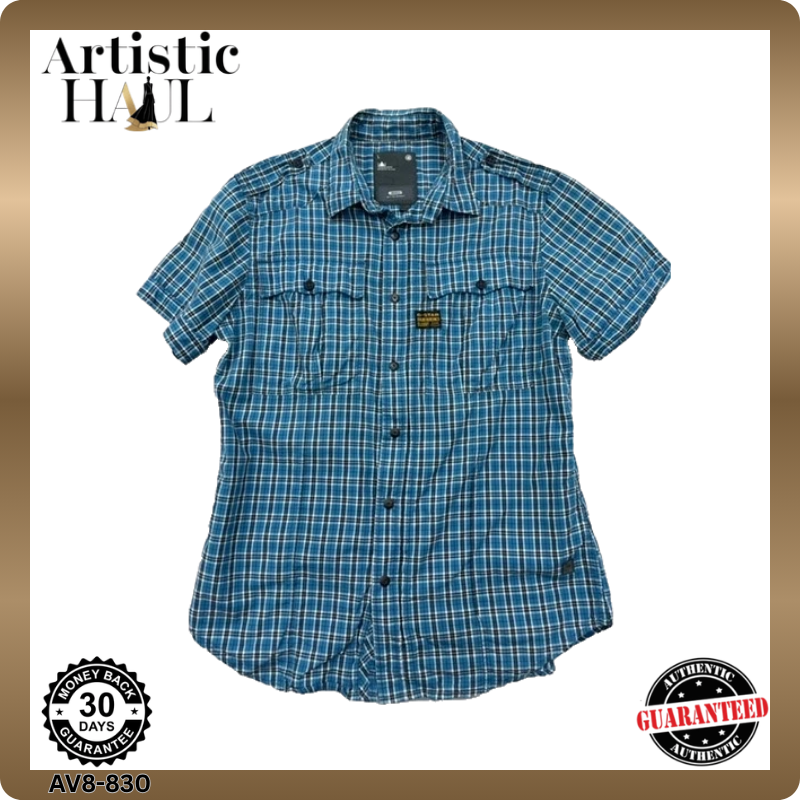 G-Star Women's Blue Check Short Sleeve Slim Shirt L Cotton Pockets