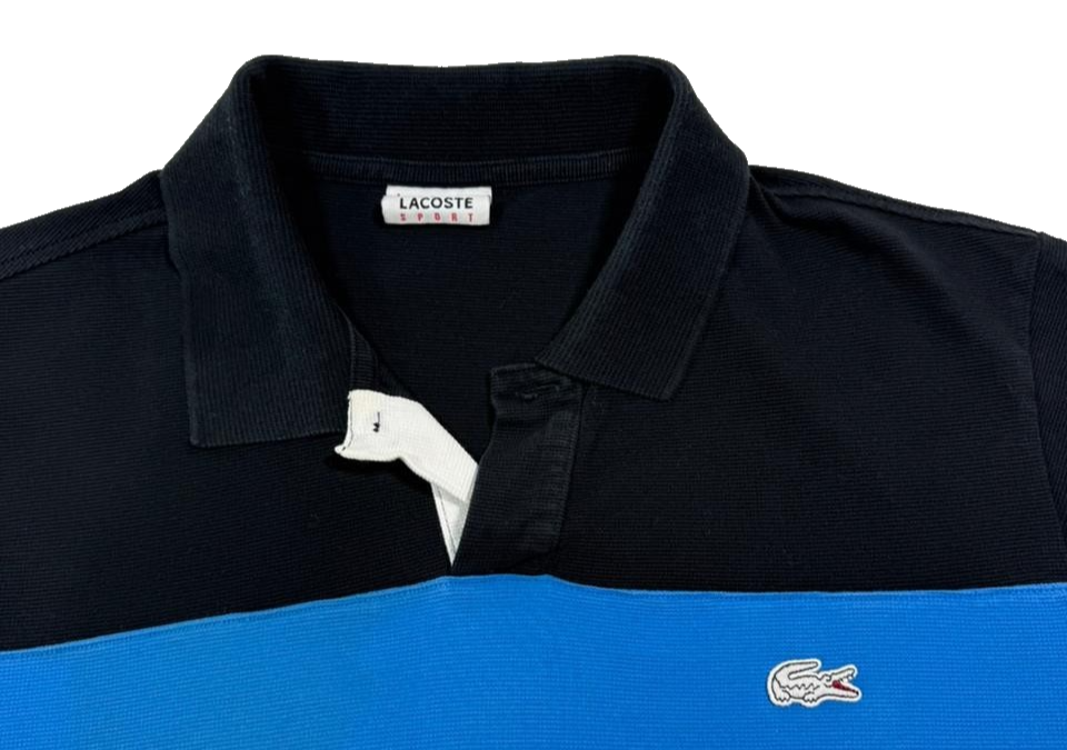 Lacoste Men's Block Stripe Black Blue White Polo Shirt Short Sleeve Size 4