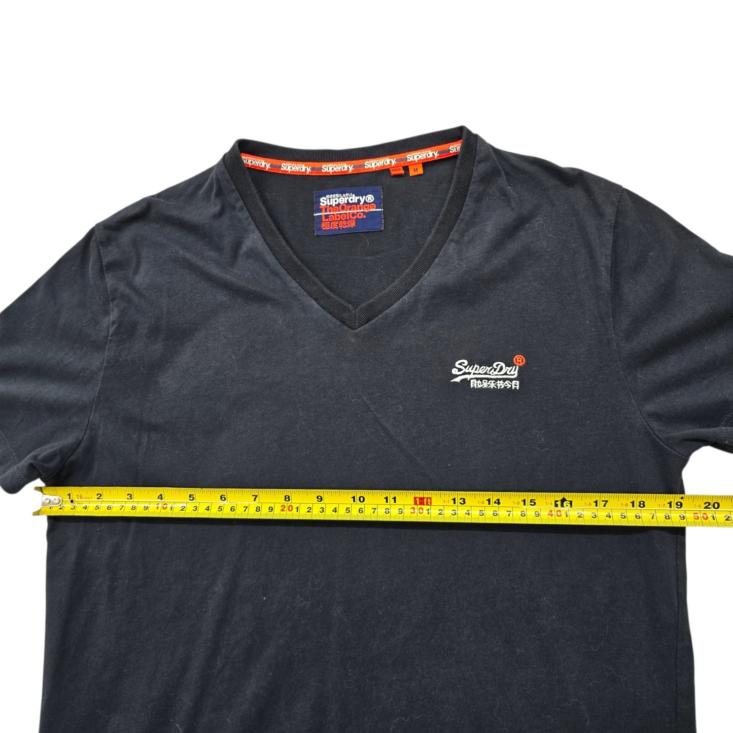 Superdry Men's Navy V-Neck Cotton T-Shirt Size M Orange Trim