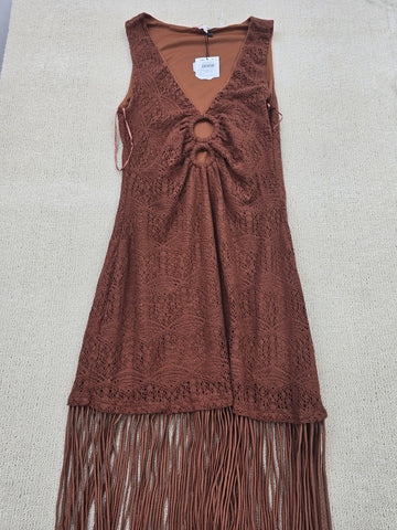 Melange x Kotn Rust Sleeveless Fringe Knit Dress L Women