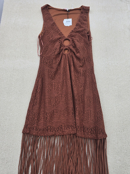 Melange x Kotn Rust Sleeveless Fringe Knit Dress L Women