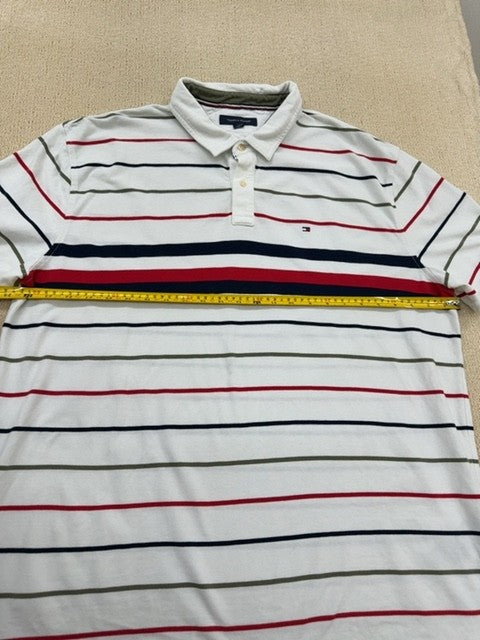 Tommy Hilfiger Men's Striped Polo Shirt Size M Flag Embroidery White/Navy