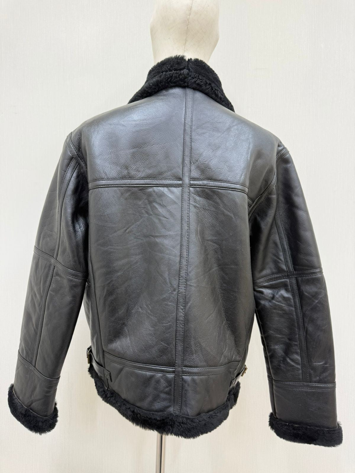Men's Italian Sheepskin Leather Bomber Jacket Black Premium Soft Fur Size Asian L