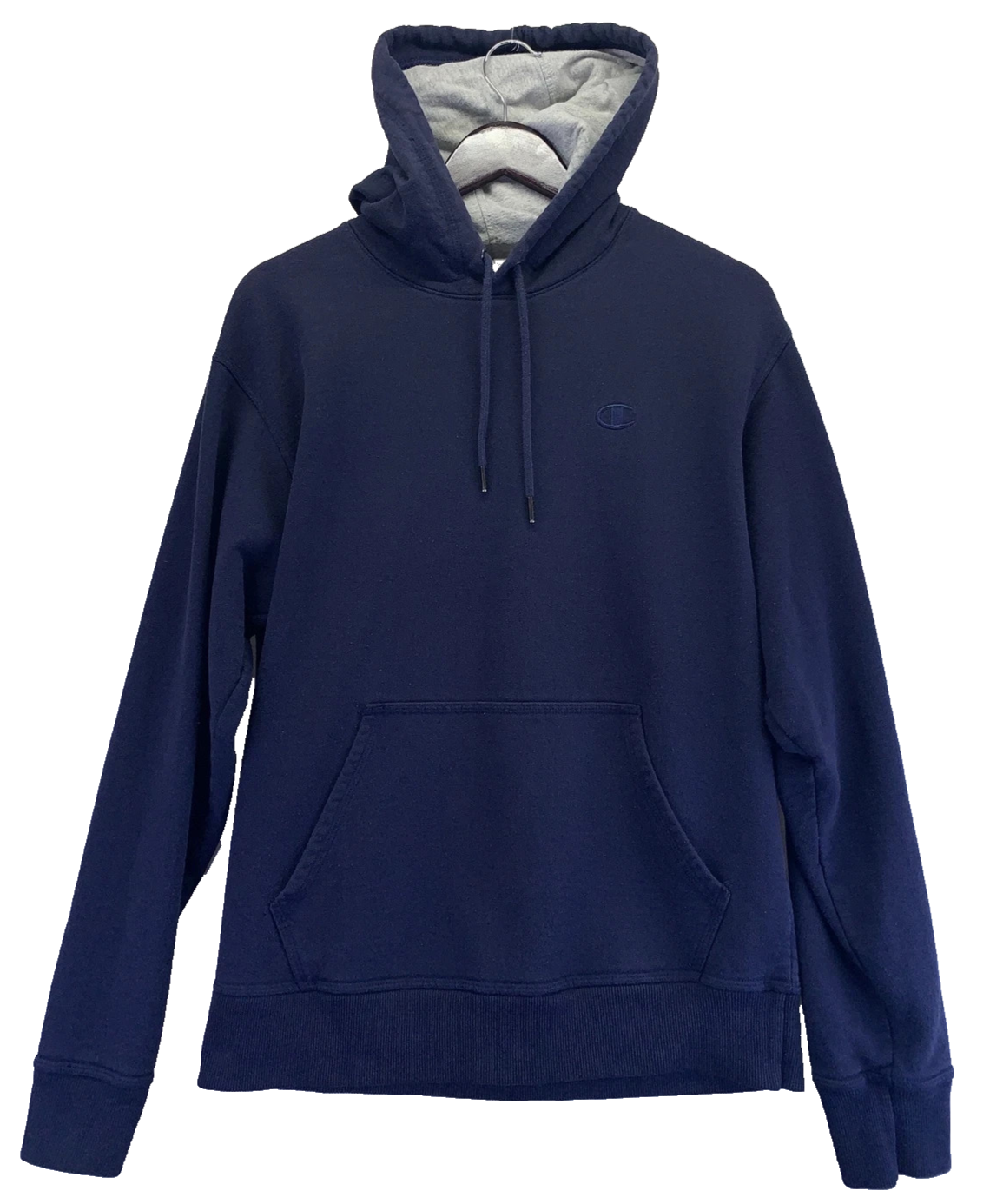 Champion Navy Blue Pullover Hoodie Small Logo Gray Lined Hood Sweatshirt Size S