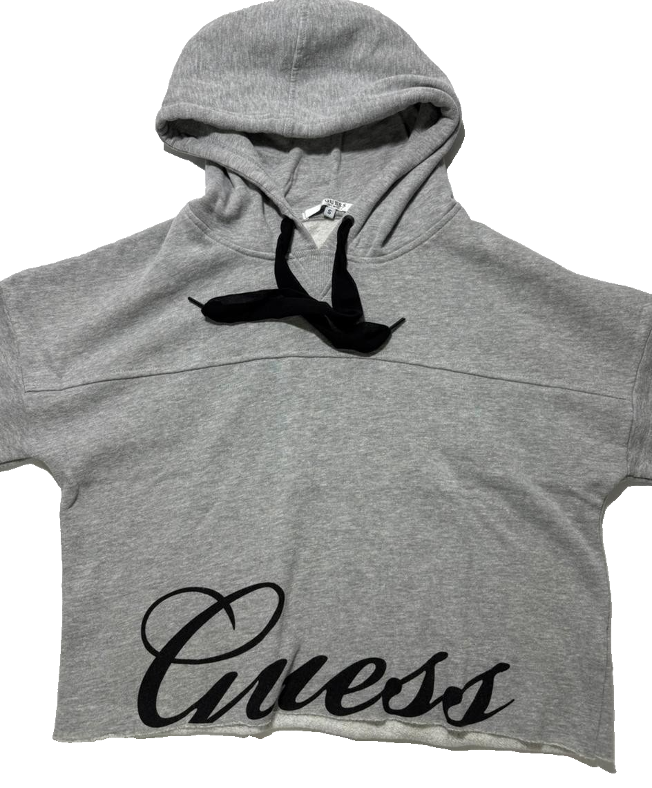 Guess Women's Grey Cropped Hoodie Size S Logo Front, Striped Sleeves